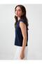Navy Blue Linen Blend V-Neck Blouse with Lace Detail - 3