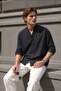 Men's Long Sleeve Muslin Shirt with Stand Collar, Comfortable Fit, Summer Black Ls-13008