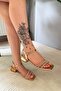 Women's Ebiy Roz Gold Ankle Strap with Stones and 4 cm Short Classic Heel Shoes - 2