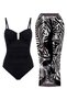 Women's Swimsuit with Gathering Accessories Black Leaf Pareo Set of 2 Stylish and Slimming Effect
