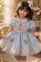 Girl's Baby Blue Dress with Collared Skirt and Lace Embroidery on the Hem and Chest, with Kangaroo Pockets - 6