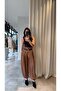 Women's Brown Belted Satin High Waist Shalwar Trousers Drawstring Carrot Fit 7920 - 2