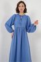 Women's Drawstring Waist Balloon Sleeve Indigo Hijab Dress - 3