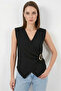 Women's V-Neck Belted Zero-Sleeve Black Blouse - 3