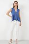 Women's V-Neck Gathered Waist Buttoned Cobalt Blue Blouse - 2