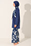 Indigo Patterned Full Covered Hijab Swimsuit Long Sleeve Zippered 25636-26 Navy Blue - 3