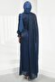 Navy Blue Cape Detailed Draped Stone Embellished Evening Dress - 5