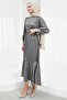 Smoked Stone Detailed Skirt with Flounces Satin Evening Dress - 4