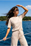 Women's Beige Short Sleeved Scuba Combed Cotton Stone Printed Tracksuit Set Yy101385 - 2