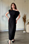 Off-Shoulder Linen Midi Black Dress - 4