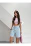 Women's Stoned Jean Bermuda Shorts High Waist Denim Shorts Light Blue Crystal Stone Detailed - 3
