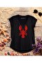 Atlantic Lobster Printed Black V-Neck Flared Cotton T-Shirt