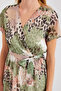 Women's V-Neck Belted Short Sleeve Patterned Chiffon Green Dress - 5
