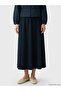 Modest Navy Blue Elastic Waist Linen Blend Flared Skirt - 3