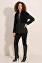 Women's High Collar Quilted Oversized Black Coat with Plush Detail - 3