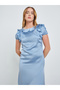 Blue Satin Midi Dress with Ruffle Detail - 2