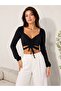 Women's V-Neck Low Back Cutout Gathered Long Sleeve Crop Blouse