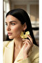Women's Gold Color Hoop Dangle Earrings – Light Yellow Fabric Beaded Design - 5