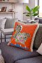 Fringed Throw Pillow Cover with Floral and Zebra Figures - Orange Eclectic Pillowcase with Cream Tassels - 2