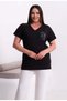 Women's Black Plus Size V-Neck Pocket Stone Print Back Tulle Stone Stripe Stretchy Short Sleeve Viscose Blouse - 6
