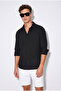 Men's Black Breathable Half Oversize Muslin Fabric Long Sleeve Collared Shirt 60001001 - 4