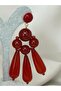 Burgundy Beaded Dangle Earrings Large Size Geometric Design Flashy Women's Earrings - 2