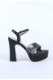 Women's Platform Heeled Cross-Strap Stone Detailed Evening Dress Shoes Black Satin