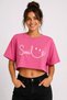 Women's Crop T-Shirt Smile Printed Oversize Relaxed Fit Short Tshirt - Pink