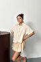 Women's Short Sleeve Buttoned 100% Cotton Shirt Beige - 26Y 2132 - 3