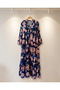 Bohemian Style Daisy Patterned, Buttoned, Layered Detailed Long Sleeve Resort Dress - Navy Blue - 4