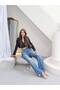 Women's High Waist Wide Leg Knee Ripped Detailed Tassel Hem Blue Jean Trousers - 3