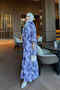 Lilac Half Buttoned Sleeves Elasticized Patterned Viscose Dress - 2