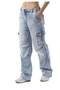 Women's Wide Leg Jeans - Ice Blue Relaxed Fit Pants with Cargo Pockets -Wd544 - 2