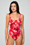 Women's Red Patterned Removable Covered Round Necklace Swimwear - 3