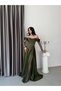 Khaki Boat Neck Underwire Lace Detailed Long Evening Dress - 3