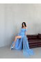 Baby Blue Off-Shoulder Draped Glittered Long Evening Dress - 4