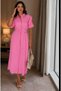 Women's Shirt Collar Buttoned Watermelon Sleeves Belted Slit Textured Maxi Shirt Dress - 5