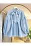 Scarf Detailed Oversize Balloon Sleeve Women's Baby Blue Shirt - 3