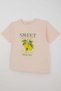 Girl's Short Sleeve T-Shirt with Lemon Print, Ages 9-14, Powder - 3