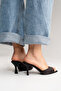 Women's Pointed Toe Thin Heeled Stylish Daily Slippers Sama Black Satin - 5