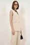 Women's V-Neck Buttoned Beige Double Suit with Lining Detail - 2