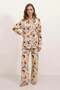Women's Shirt Collar Oversize Floral Patterned Cream Double Set - 2