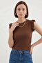 Women's Round Neck Ruffle Sleeve Brown Blouse
