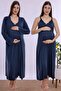 Maternity Nightgown Set with Nursing Feature and Cotton Dressing Gown Effortt - Navy Blue