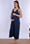 Cotton Rope Strap Maternity Nightgown with Breastfeeding Feature Effortt - Navy Blue - 6