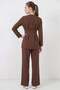 Women's V-Neck Belted Brown Suit - 6