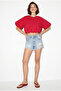 Women's Red Crew Neck Poplin Balloon Blouse Db261004 60286231 - 2
