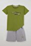 Boy's Shorts Set with Lettering Printed Shorts, Lacing Accessories, Pockets, Ages 8-14, Oil Green