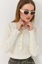 Women's Cream High Collar Snap Fastener Soft Textured Knitwear Sweater - 2