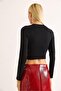 Women's Ribbon Long Sleeve Crop Blouse Black - 4